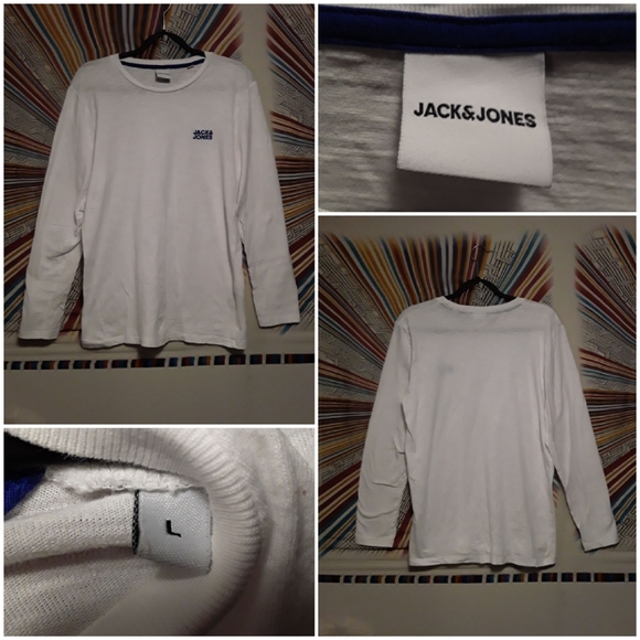 Jack & Jones Mens/Unisex Large White and Blue Longsleeve Teeshirt - Picture 1 of 16